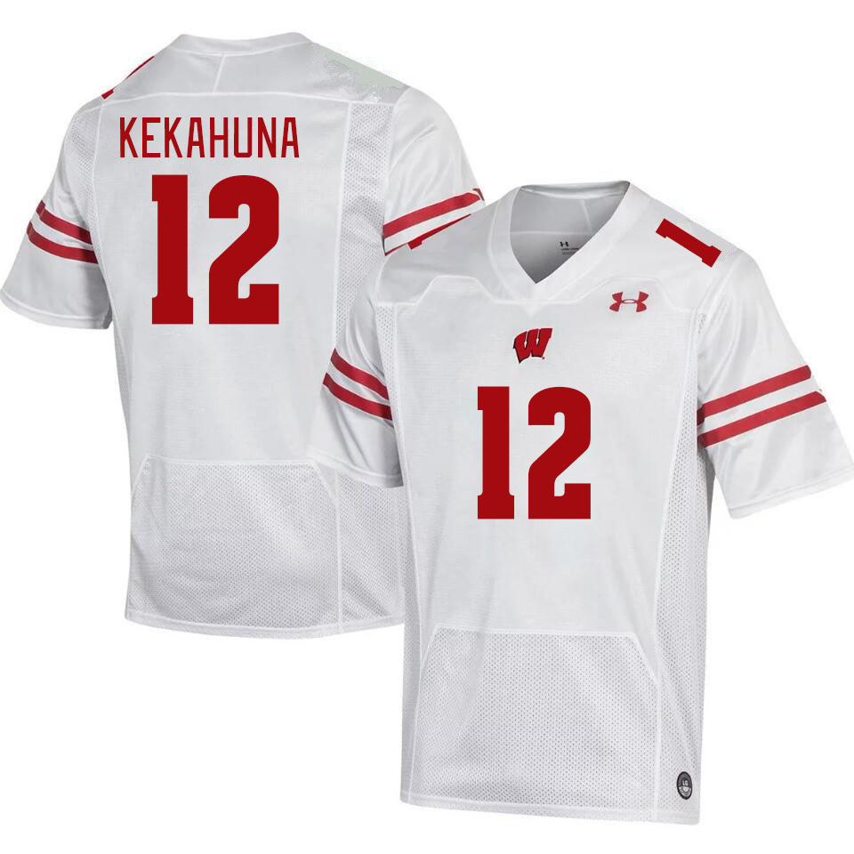 Men #12 Trech Kekahuna Wisconsin Badgers College Football Jerseys Stitched Sale-White - Click Image to Close